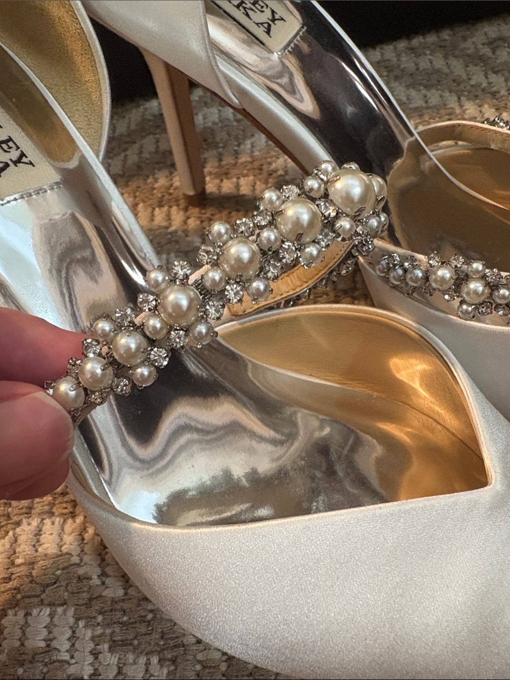 Badgley Mischka Cream Pearl & Crystal D'Orsay Pointed Toe Heels - Picture 5 of 7